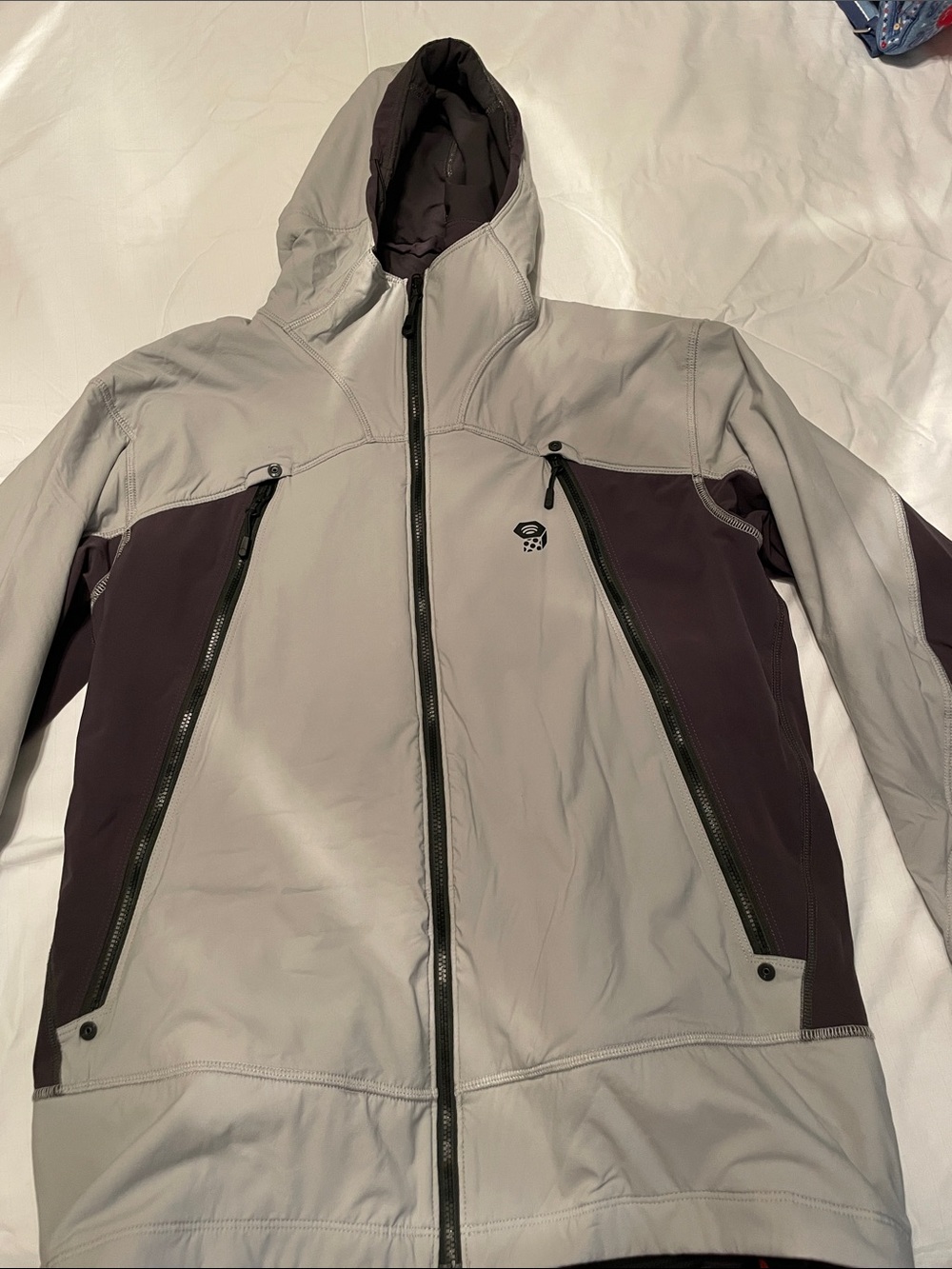 Mountain Hardwear Men's Hooded Softshell Jacket in Light Gray and Dark Gray